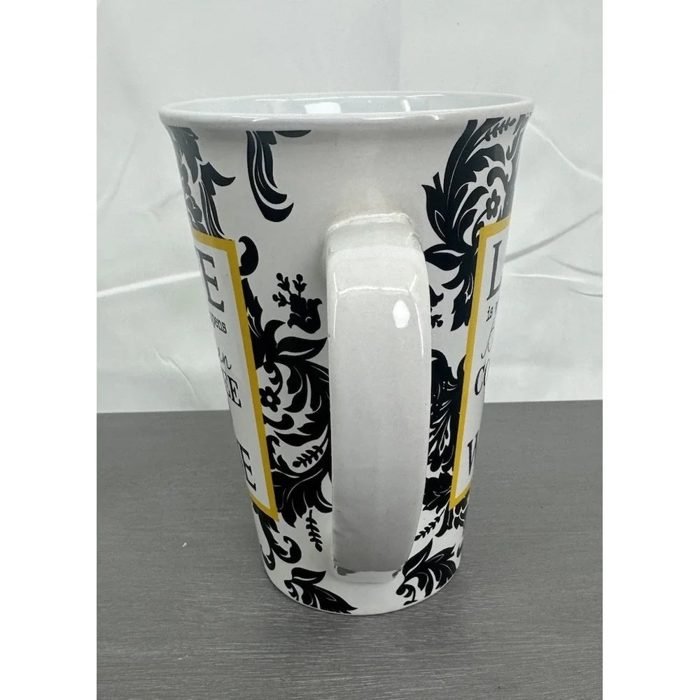 Pier 1 Stoneware Mug 24z tall novalty funny cup latte black damask Retro Revival